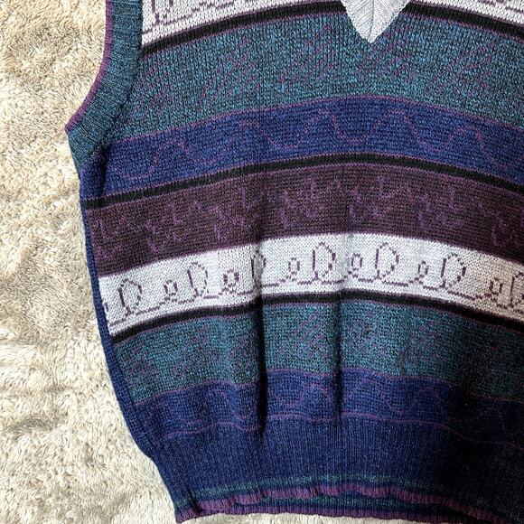Vintage 80s Hunters Ridge Sweater Vest L Large Men's Blue Gray Purple Stripe - Picture 4 of 6